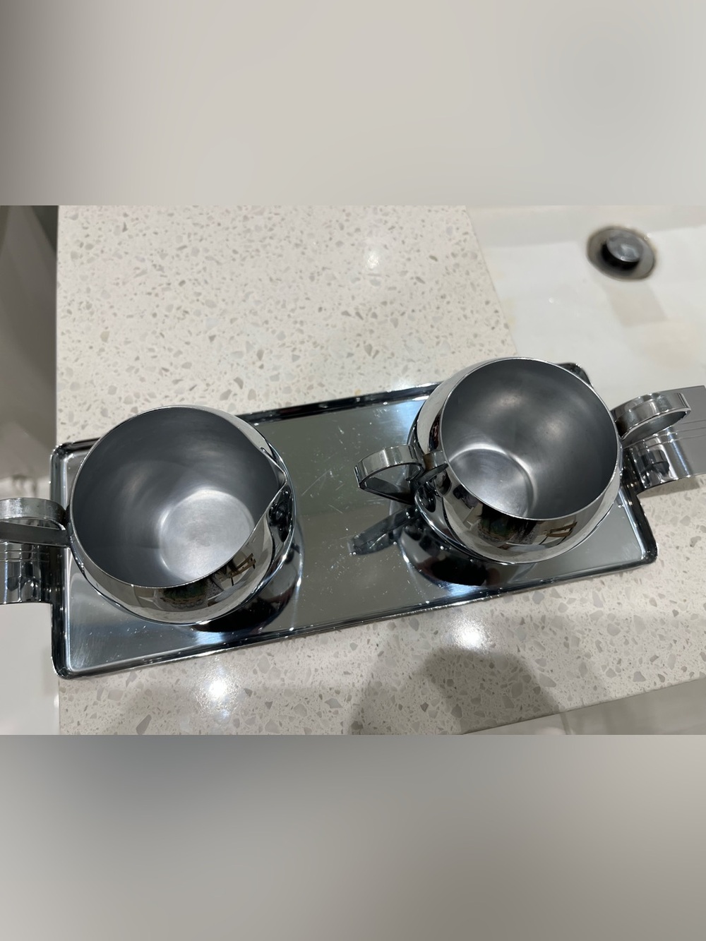 Polished Stainless Steel Creamer and Sugar Set with Tray